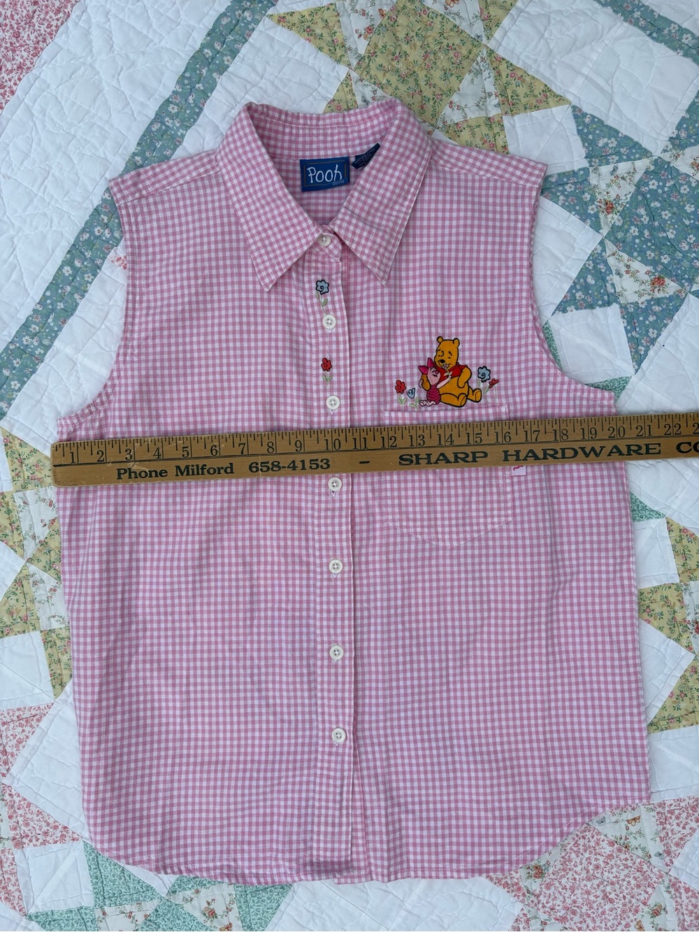 Vintage Winnie the Pooh Piglet Pink Gingham Top Large 90s Y2K Cottagecore Disney - Picture 11 of 12